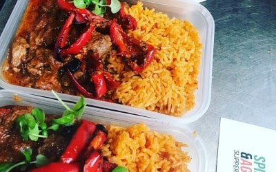 Jollof Rice with beef and red bell peppers with tomato sauce