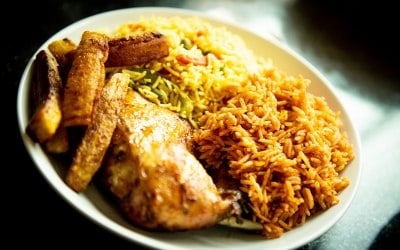 Jollof Rice, Fried Rice, Chicken and Plantain