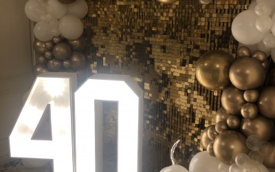 Sequin wall, 4ft lights and balloon garland 