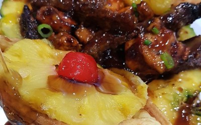 Pineapple Upside Down Waffle/ Teriyaki Chicken and Pan fried steak bowl