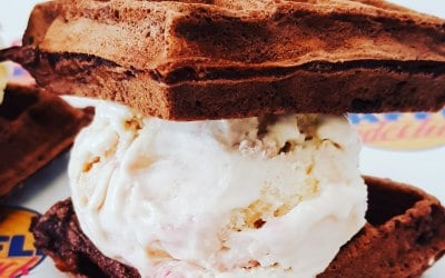 Chocolate waffle Sandwich with birthday cake ice cream