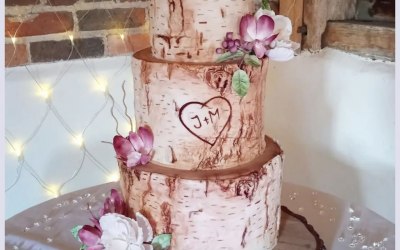 Birch bark wedding cake with sugar flowers and butterflies 