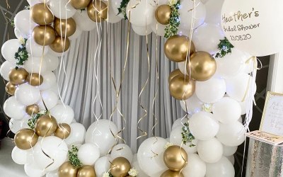 Bridal shower Balloon ring display with curtain backdrop