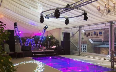 Award winning over swimming pool dance floor, stage & marquee build