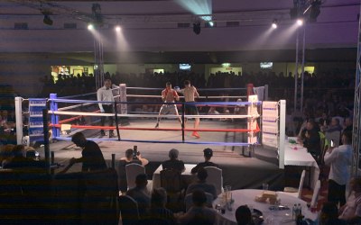 Boxing ring lighting and stage production for amateur boxing event in Wolverhampton in 2019.
