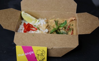 Red curry chicken in takeaway box