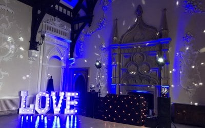 Wedding reception with giant LOVE letters