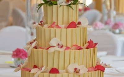  Tiered White chocolate panel cake with fresh flower decor.