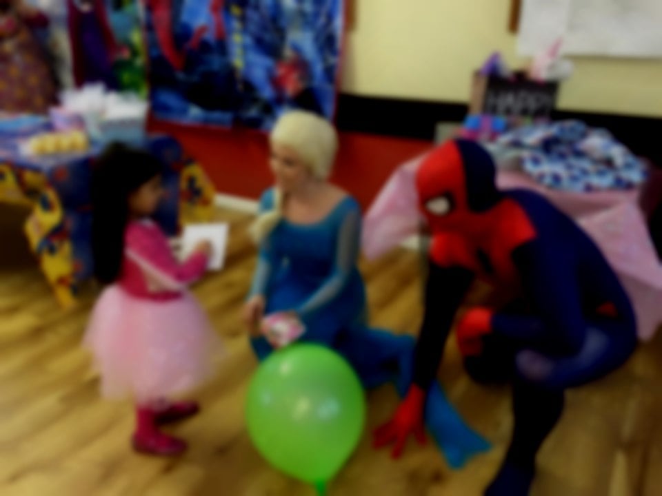 Elsa and Spider Man greeting the birthday girl Elsa and Spider Man greeting the birthday girl