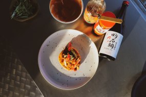 Chicken Kaarage on a bed of gochujang mayo