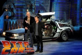 The BTTF Car Delorean Time Machine appearing on stage with Michael J Fox & Christopher Lloyd in Hollywood 2010