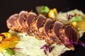 Cajun seared tuna, avacado cream, salsa jelly & chargrilled corn