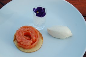 Gin cured Salmon on a Bellini with home made gin and tonic sorbet