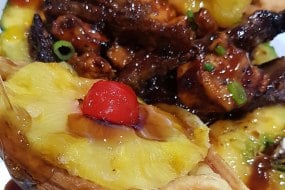 Pineapple Upside Down Waffle/ Teriyaki Chicken and Pan fried steak bowl