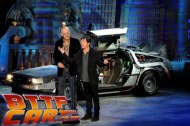 The BTTF Car Delorean Time Machine appearing on stage with Michael J Fox & Christopher Lloyd in Hollywood 2010