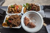 Jollof rice and goat stew, Jollof rice & Chicken, Bofrot (Ghannian doughnuts)