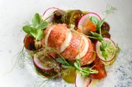 Lobster salad, heritage tomato, radish, bisque