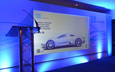 A basic stage with set and screen for a corporate event.
