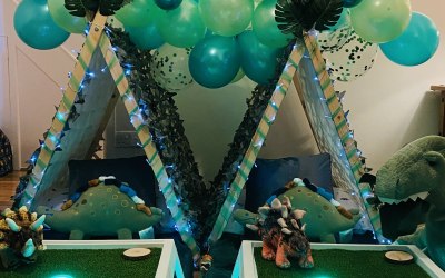 Dino sleepover teepees with added balloon Garland 