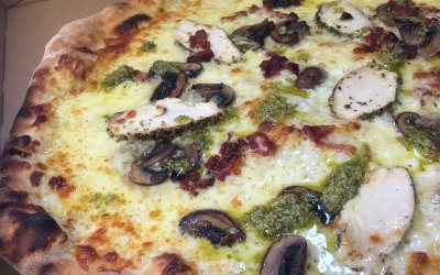 Italian herb chicken, Pancetta, Garlic Mushrooms,,pesto on a béchamel sauce base
