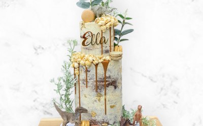 Tall chocolate fudge cake with dinosaurs