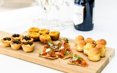 Quail scotch egg, cheese gougerés, blue cheese & pear tartlets, home cured trout on flatbread, dill