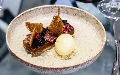 Dark chocolate delice, salted caramel, fig, pomegranate, vanilla 