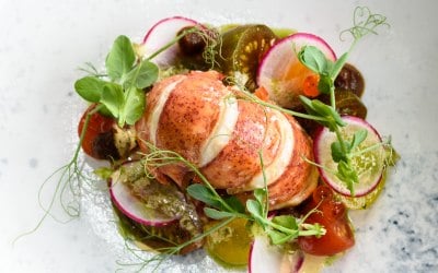 Lobster salad, heritage tomato, radish, bisque