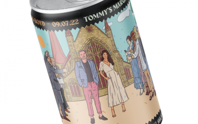 A digital mock-up of a wedding can made for a client, we make our canned cocktails fresh for every event!