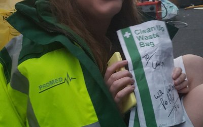 Going the extra mile providing our jacket & a personalised sick bag to a comedian at a comedy festival