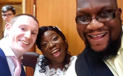 Happy and satisfied bride and groom