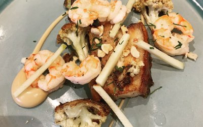 Pork belly, king prawns, cauliflower, apple & hazelnut 