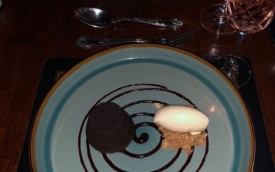 Dark chocolate fondant, cherry, vanilla ice cream 