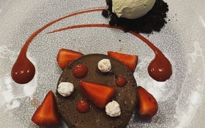 Dark chocolate delice, strawberry, pistachio 