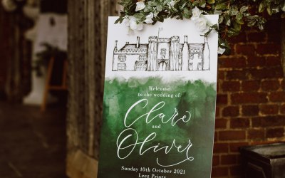 Leez Priory welcome sign with green watercolour wash
