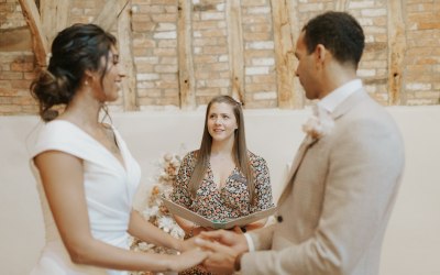 Wedding Ceremony at Bassmead Manor Barns. Photo credit: Ellen Sear