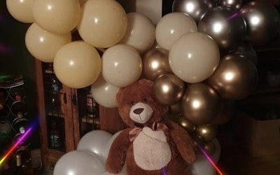 Metallic pinks and nudes bear hoop for a christening