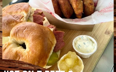 Hot salt beef & potato latkas 