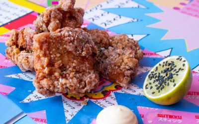 kar-age chicken, triple fried chicken thigh with soy ginger and garlic 
