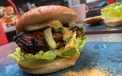 Char sui burger, pickled cucumber, peanut & chilli sherbet