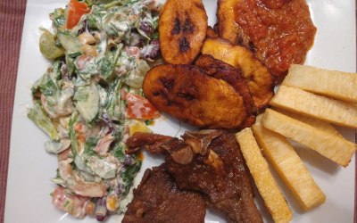 Platain, salad, yam and stew