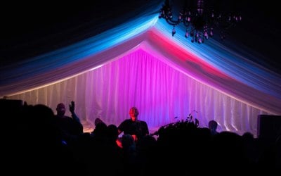 Inside a Clearspan with the band on stage