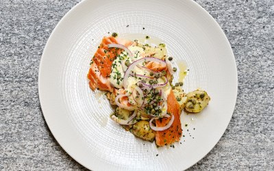 Hot smoked salmon with potato salad