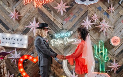 Handmade marbled star wall installation for wedding shoot