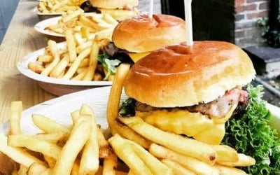 Beef burgers with cheese, bacon