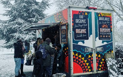 The pizza van in the snow!