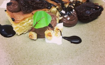 White chocolate cake, dark chocolate aero, milk chocolate mousse