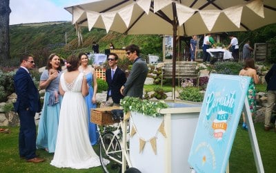 A beautiful set up at the incredible Polhawn Fort. The trike can (with a little help!) navigate incredibly difficult venues for access and here she is looking stunning at a wedding we did in summer 2021 