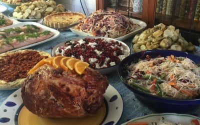 Salmon and baked ham salad buffet