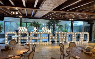 Illuminated wedding letters at Le Petit Chateau Otterburn